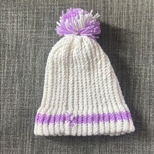 Cozy White and Purple Pom-Pom Beanie